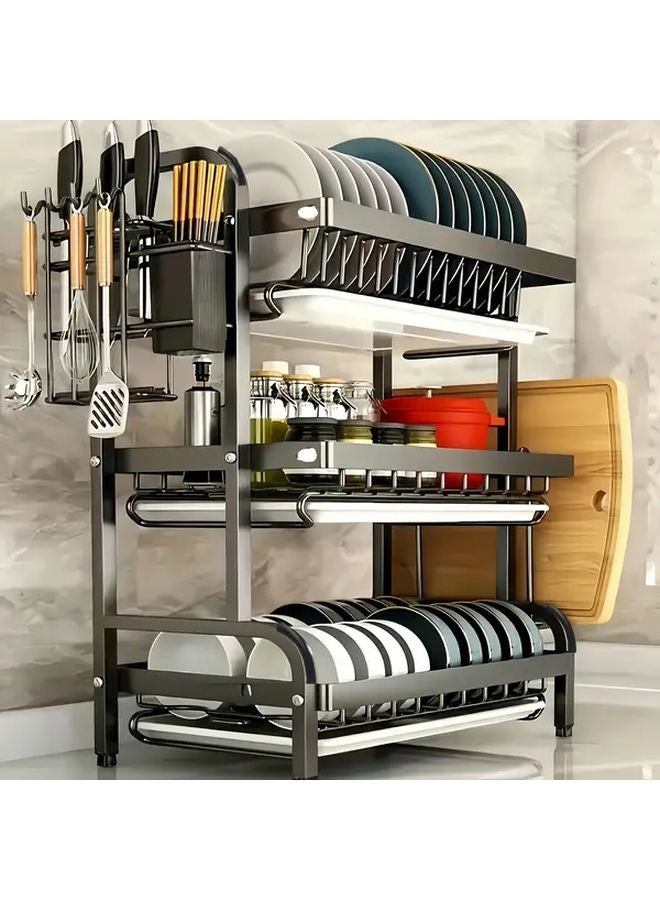 Black 3 Tier Vertical Dish Rack Heavy Duty Carbon Steel Drying Storage Organizer - Image 1